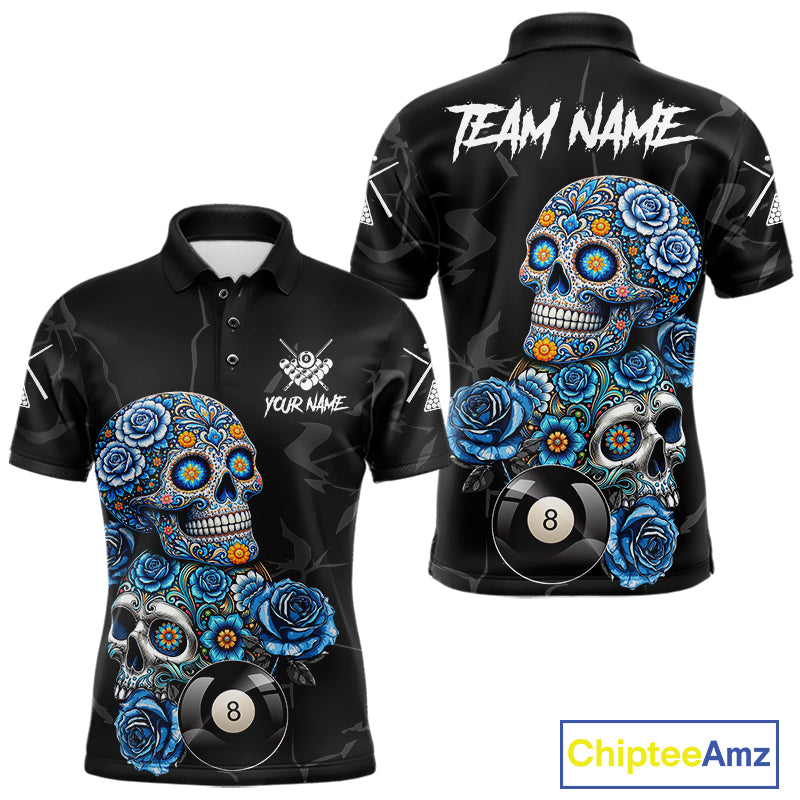 Personalized Blue 8 Ball Sugar Skull Billiard Shirt For Men, Pool Team Jersey Polo & 1/4 Zip TDM6261