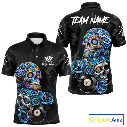 Personalized Blue 8 Ball Sugar Skull Billiard Shirt For Men, Pool Team Jersey Polo & 1/4 Zip TDM6261