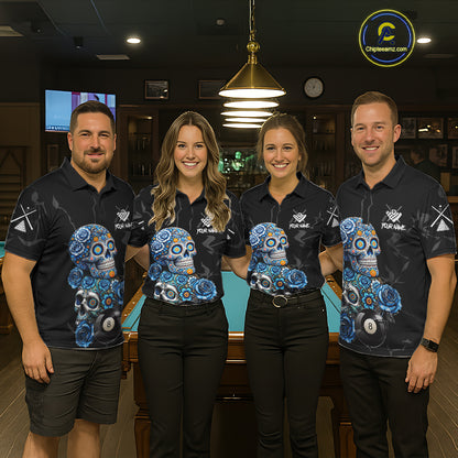 Personalized Blue 8 Ball Sugar Skull Billiard Shirt For Men, Pool Team Jersey Polo & 1/4 Zip TDM6261