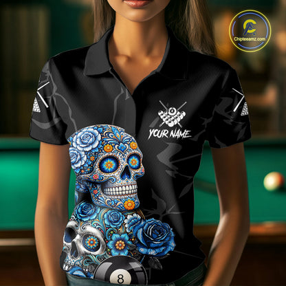 Personalized Blue 8 Ball Sugar Skull Billiard Shirt For Women, Pool Team Jersey Polo & 1/4 Zip TDM6261