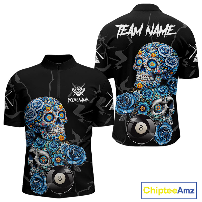 Personalized Blue 8 Ball Sugar Skull Billiard Shirt For Men, Pool Team Jersey Polo & 1/4 Zip TDM6261