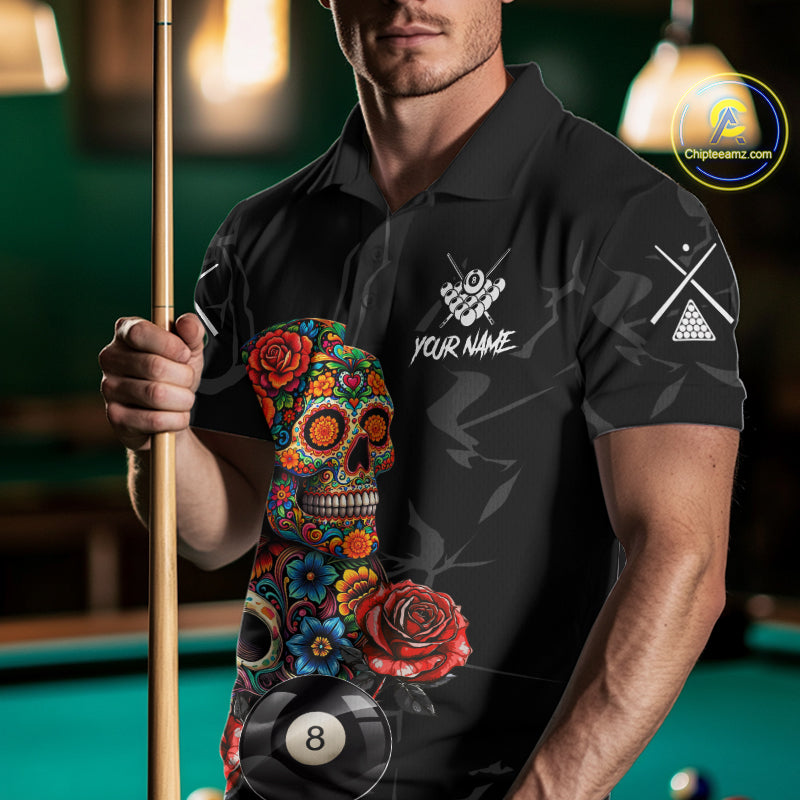 Custom Colorful Sugar Skull Billiard Shirt For Men, 8 Ball Pool Team Jersey Polo & 1/4 Zip TDM6262