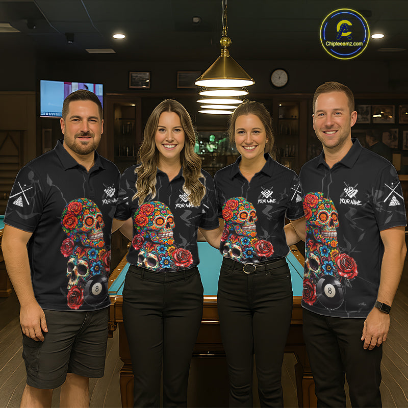 Custom Colorful Sugar Skull Billiard Shirt For Men, 8 Ball Pool Team Jersey Polo & 1/4 Zip TDM6262