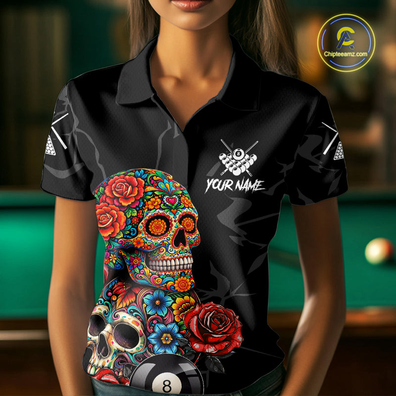Custom Colorful Sugar Skull Billiard Shirt For Women, 8 Ball Pool Team Jersey Polo & 1/4 Zip TDM6262