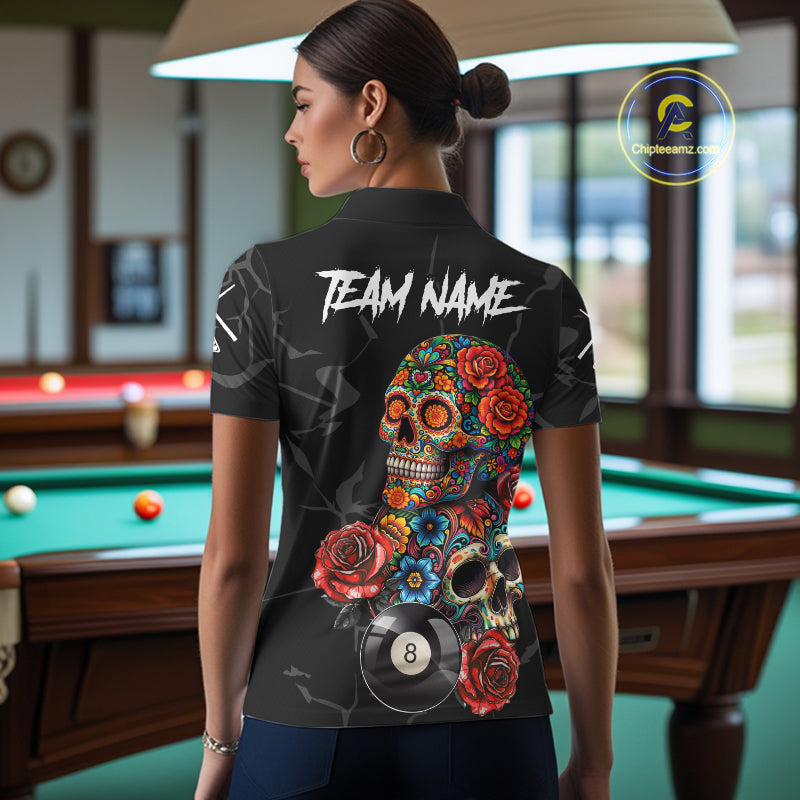Custom Colorful Sugar Skull Billiard Shirt For Women, 8 Ball Pool Team Jersey Polo & 1/4 Zip TDM6262