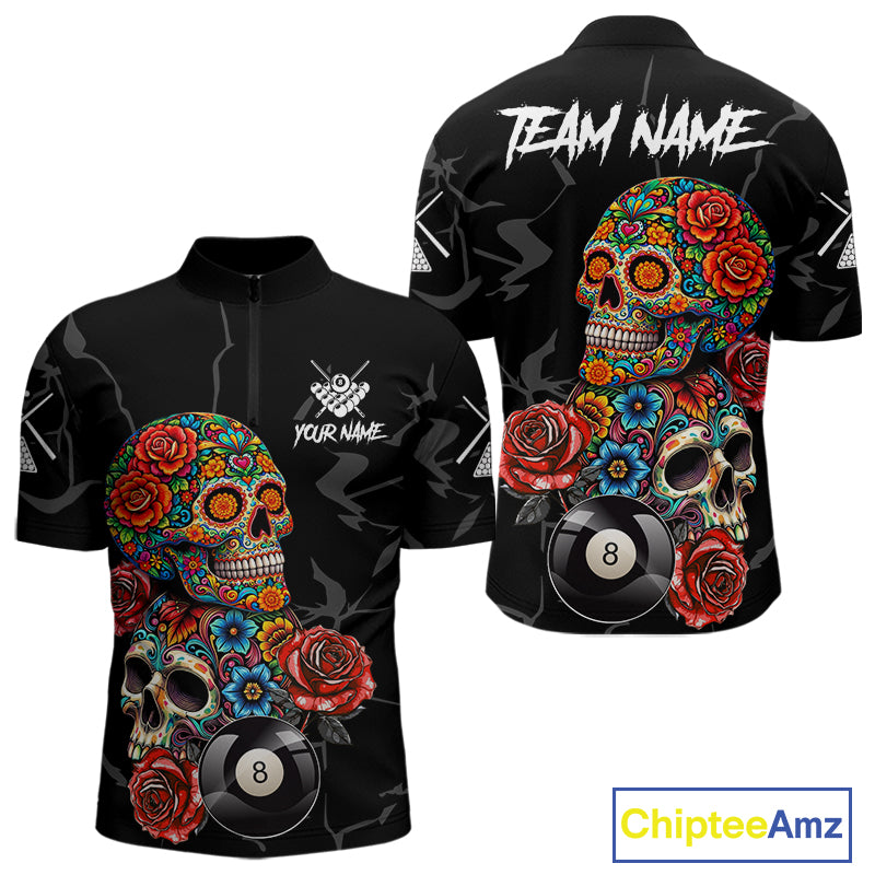 Custom Colorful Sugar Skull Billiard Shirt For Men, 8 Ball Pool Team Jersey Polo & 1/4 Zip TDM6262