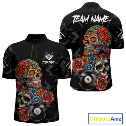 Custom Colorful Sugar Skull Billiard Shirt For Men, 8 Ball Pool Team Jersey Polo & 1/4 Zip TDM6262
