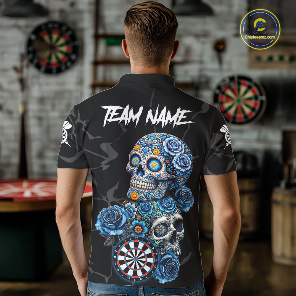 Personalized Blue Sugar Skull Darts Shirt For Men Custom Darts Jersey Team Polo & Quarter Zip TDM6263