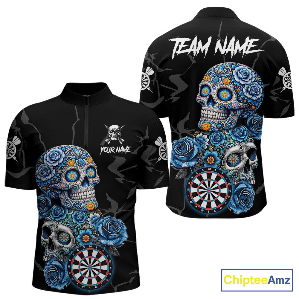 Personalized Blue Sugar Skull Darts Shirt For Men Custom Darts Jersey Team Polo & Quarter Zip TDM6263