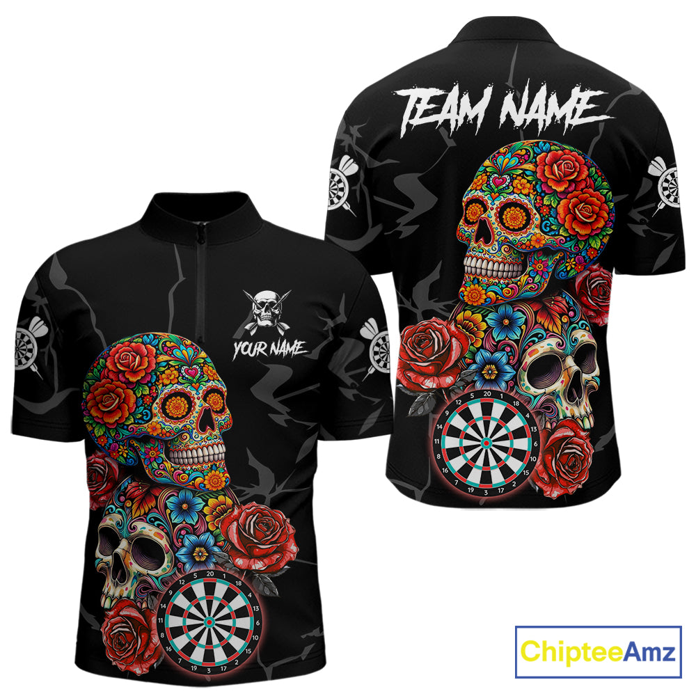 Personalized Colorful Sugar Skull Darts Shirt For Men Custom Darts Jersey Team Polo & Quarter Zip TDM6264