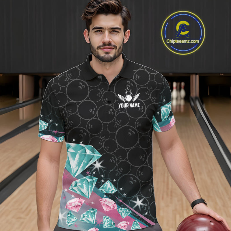 Custom Pink Turquoise Diamonds Bowling Shirt For Men, Glowing Bowling Team Jersey Polo & 1/4 Zip TDM6270
