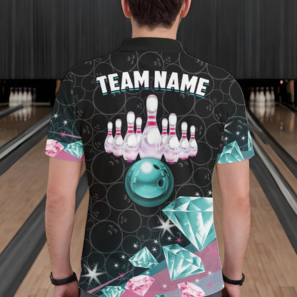Custom Pink Turquoise Diamonds Bowling Shirt For Men, Glowing Bowling Team Jersey Polo & 1/4 Zip TDM6270