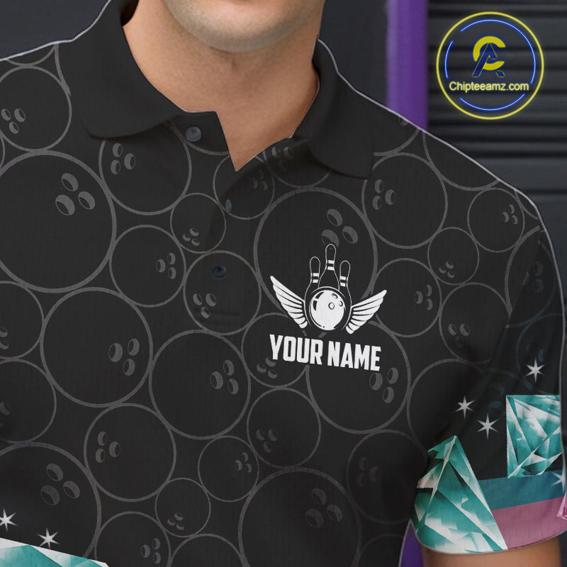 Custom Pink Turquoise Diamonds Bowling Shirt For Men, Glowing Bowling Team Jersey Polo & 1/4 Zip TDM6270