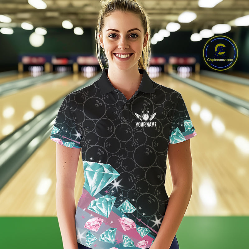 Custom Pink Turquoise Diamonds Bowling Shirt For Women, Glowing Bowling Team Jersey Polo & 1/4 Zip TDM6270