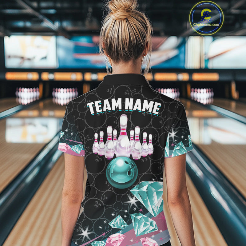 Custom Pink Turquoise Diamonds Bowling Shirt For Women, Glowing Bowling Team Jersey Polo & 1/4 Zip TDM6270