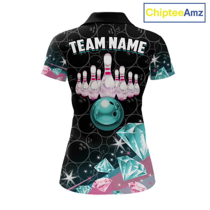Custom Pink Turquoise Diamonds Bowling Shirt For Women, Glowing Bowling Team Jersey Polo & 1/4 Zip TDM6270