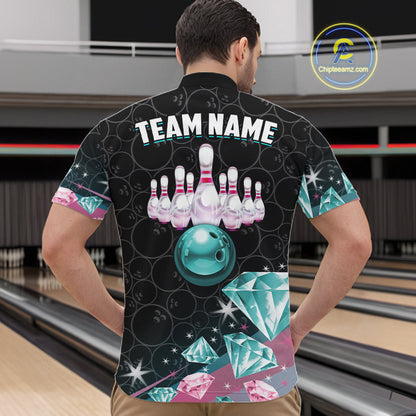 Custom Pink Turquoise Diamonds Bowling Shirt For Men, Glowing Bowling Team Jersey Polo & 1/4 Zip TDM6270