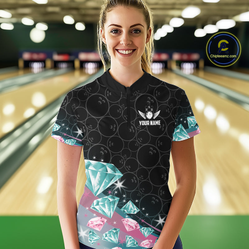 Custom Pink Turquoise Diamonds Bowling Shirt For Women, Glowing Bowling Team Jersey Polo & 1/4 Zip TDM6270