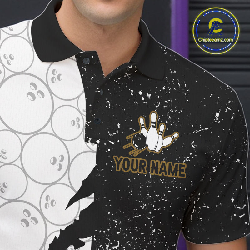 Custom Grunge Black White Bowling Shirt For Men, Bowling Tournament Team Shirt Polo & 1/4 Zip TDM6271