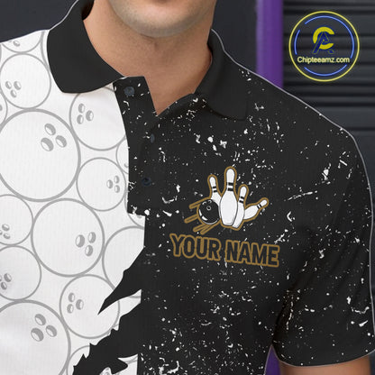 Custom Grunge Black White Bowling Shirt For Men, Bowling Tournament Team Shirt Polo & 1/4 Zip TDM6271