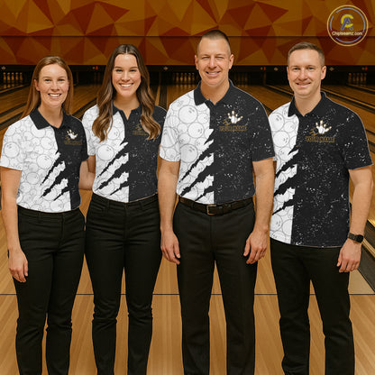Custom Grunge Black White Bowling Shirt For Men, Bowling Tournament Team Shirt Polo & 1/4 Zip TDM6271