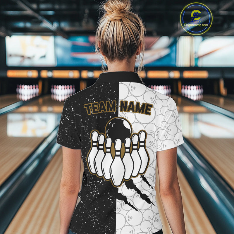 Custom Grunge Black White Bowling Shirt For Women, Bowling Tournament Team Shirt Polo & 1/4 Zip TDM6271