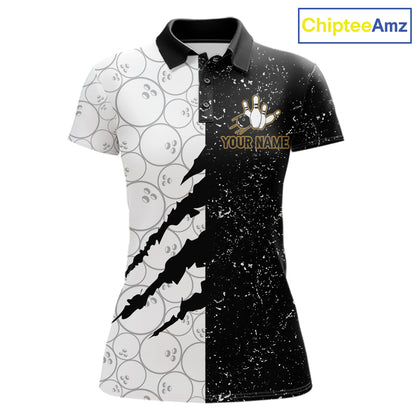 Custom Grunge Black White Bowling Shirt For Women, Bowling Tournament Team Shirt Polo & 1/4 Zip TDM6271