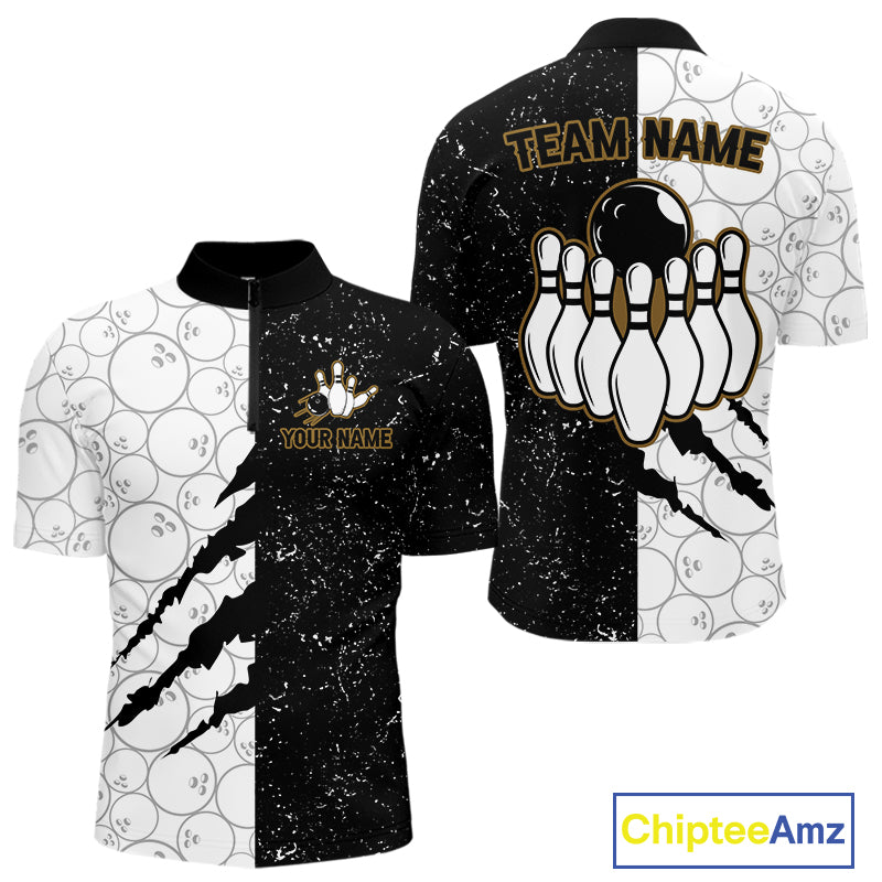 Custom Grunge Black White Bowling Shirt For Men, Bowling Tournament Team Shirt Polo & 1/4 Zip TDM6271