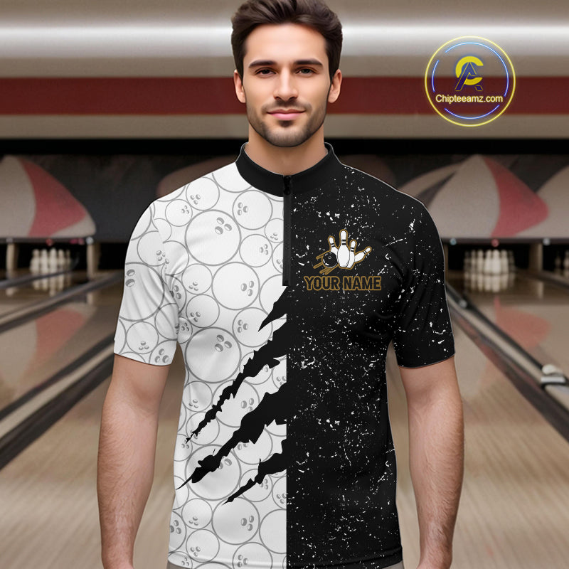 Custom Grunge Black White Bowling Shirt For Men, Bowling Tournament Team Shirt Polo & 1/4 Zip TDM6271