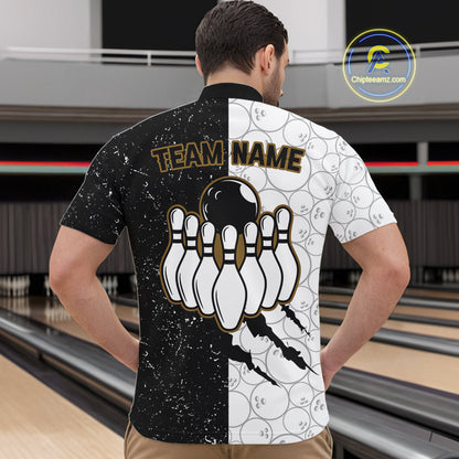 Custom Grunge Black White Bowling Shirt For Men, Bowling Tournament Team Shirt Polo & 1/4 Zip TDM6271