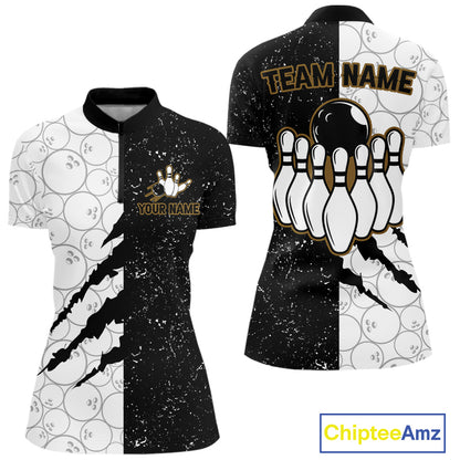 Custom Grunge Black White Bowling Shirt For Women, Bowling Tournament Team Shirt Polo & 1/4 Zip TDM6271