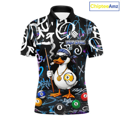 Colorful Graffiti Funny Duck 9 Ball Billiard Shirt For Men Custom Pool Team Jersey Polo & 1/4 Zip TDM7154