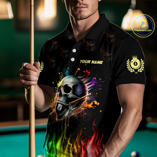 Funny Billiard Colorful Skull Personalized Men Polo Shirts, Custom Team Name Billiard Attire TDM1066