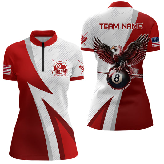 Personalized Red Billiards Pool Women Quarter-Zip Shirts, 8 Ball Pool Eagle Billiard Jerseys TDM1070