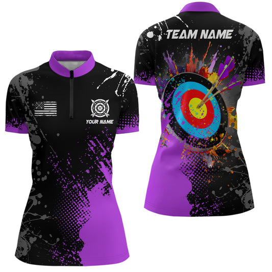 Personalized Paint Purple 3D Target Archery Women Quarter-Zip Shirts, Archery Jerseys Attires TDM1190