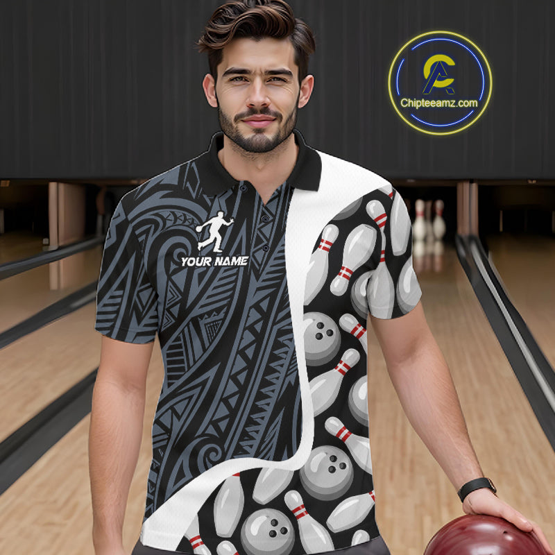 Man wearing a blue tribal pattern bowling polo shirt at a bowling alley front view.
