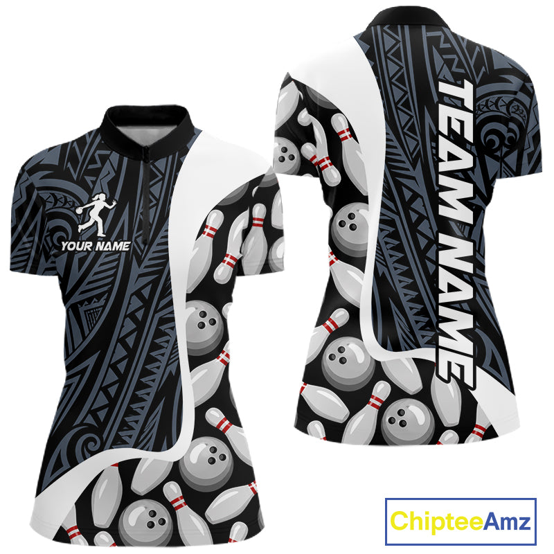 Blue tribal pattern bowling quarter zip shirt for women designed for league tournaments and team events.
