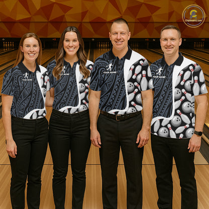Bowling team wearing matching blue tribal pattern bowling jerseys during league matches front view.