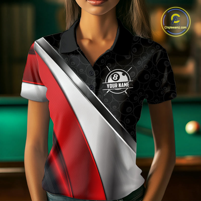 Custom Black, Red And Silver 8 Ball Pool Billiard Jersey For Women, Billiard Tournament Team Shirts TDM7163