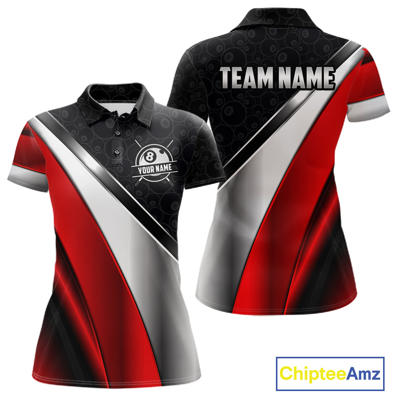 Custom Black, Red And Silver 8 Ball Pool Billiard Jersey For Women, Billiard Tournament Team Shirts TDM7163