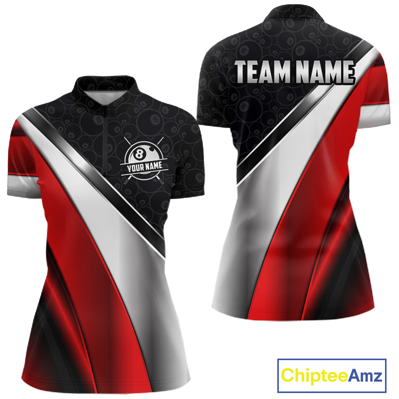 Custom Black, Red And Silver 8 Ball Pool Billiard Jersey For Women, Billiard Tournament Team Shirts TDM7163
