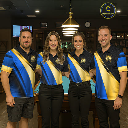 Personalized Blue And Gold 8 Ball Pool Billiard Jersey For Men, Billiard Tournament Team Shirts TDM7164