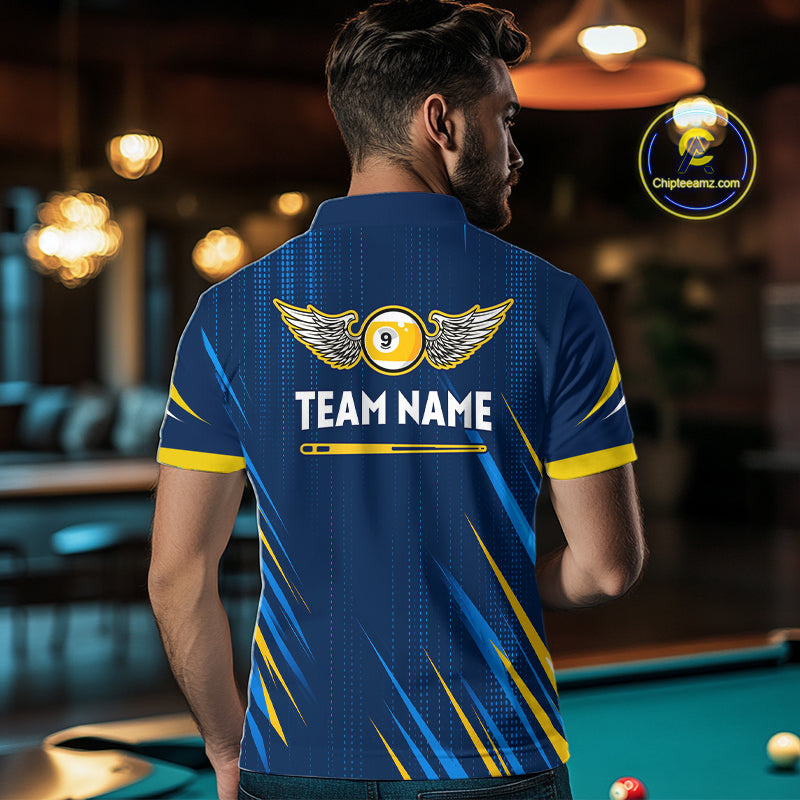 Personalized Blue Yellow 9 Ball Wings Men's Billiard Shirts Custom 9 Ball Pool Team Jersey TDM7167