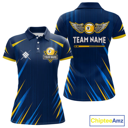 Personalized Blue Yellow 9 Ball Wings Women's Billiard Shirts Custom 9 Ball Pool Team Jersey TDM7167
