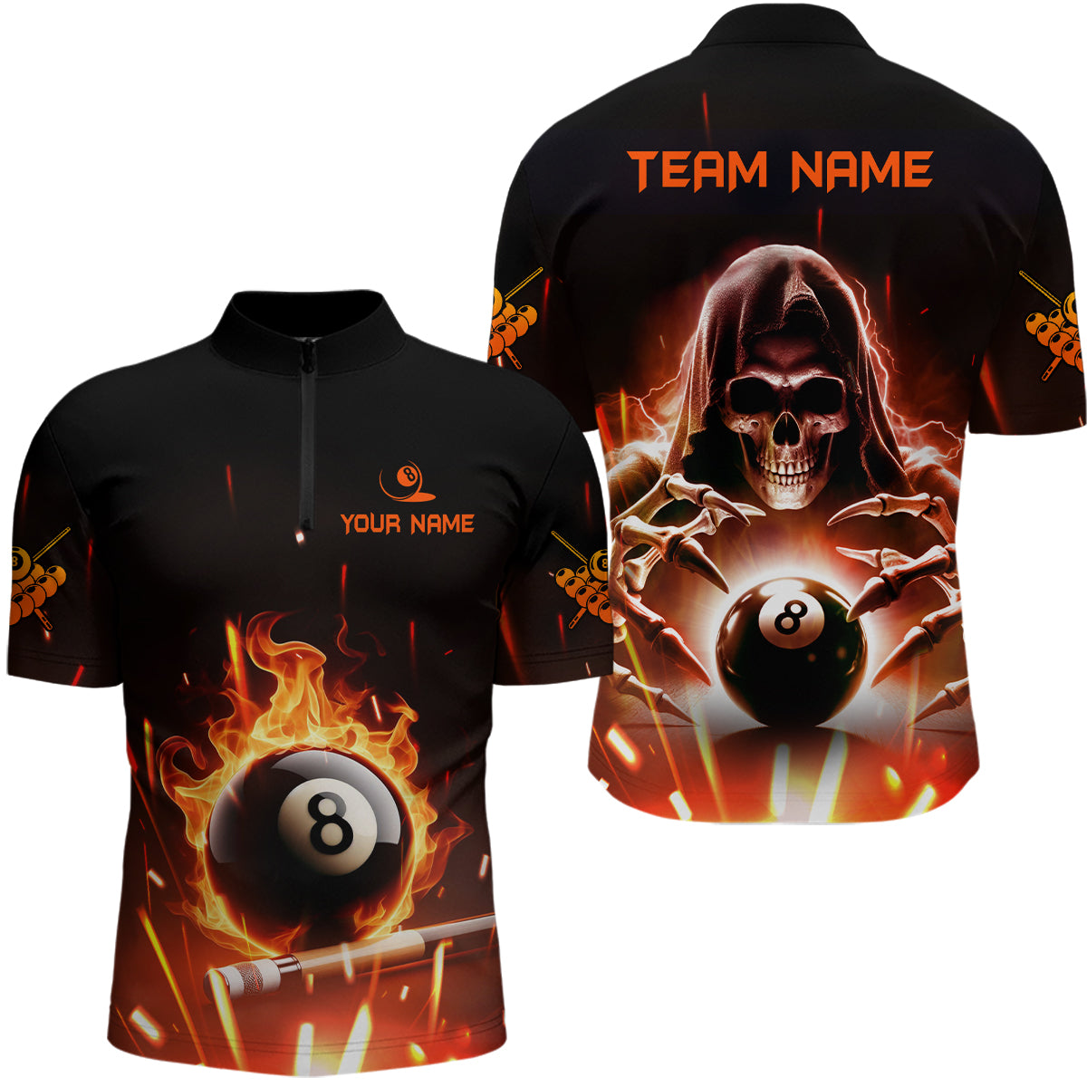 Billiard Skeleton Flaming 8 Ball Pool Custom Men Quarter-Zip Shirt, Pool League Team Shirts TDM1075