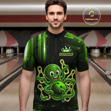 Load image into Gallery viewer, Man wearing green funny neon octopus bowling quarter zip shirt front view.