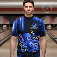 Load image into Gallery viewer, Man wearing blue funny neon octopus bowling quarter zip shirt front view.