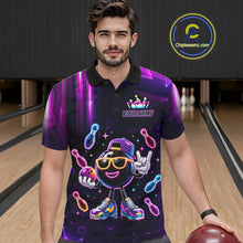 Load image into Gallery viewer, Man wearing funny neon bowling ball bowling polo shirt front view.