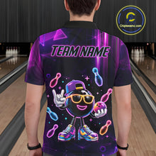 Load image into Gallery viewer, Man wearing funny neon bowling ball bowling polo shirt back view.