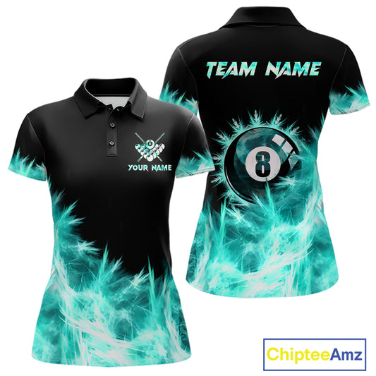 Turquoise Icy Light 8 Ball Pool Billiard Polo & 1/4 Zip For Women Custom Billiard Team Jerseys  TDM5689